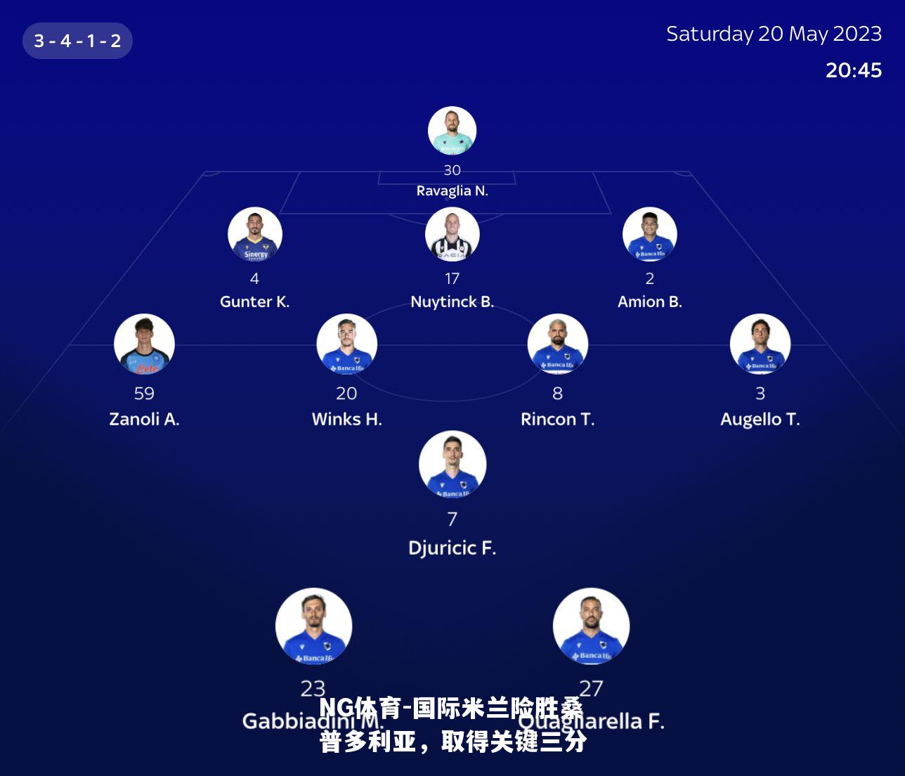 国际米兰险胜桑普多利亚，取得关键三分